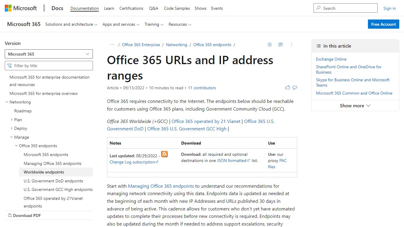 Office 365 URLs and IP address ranges - Microsoft 365 Enterprise